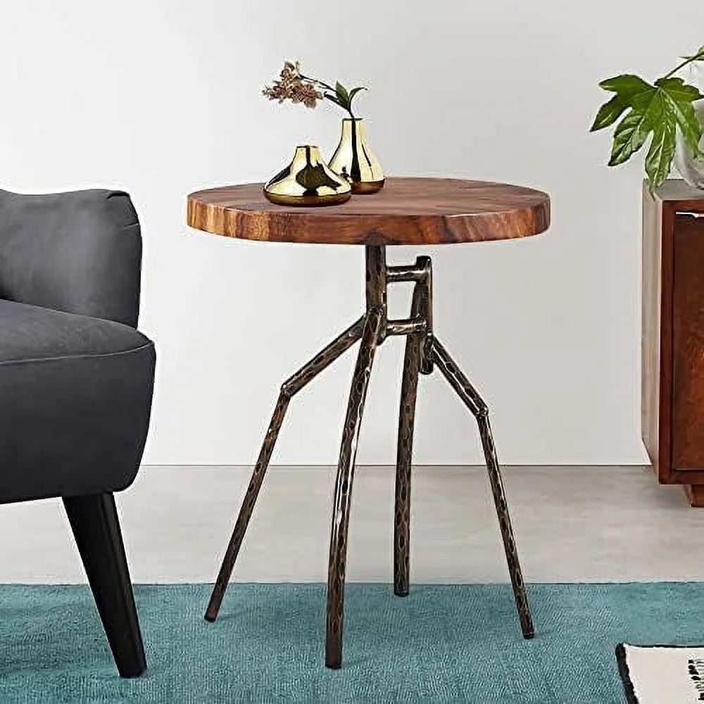 Solid Wood Round End Table with Metal Leg T237