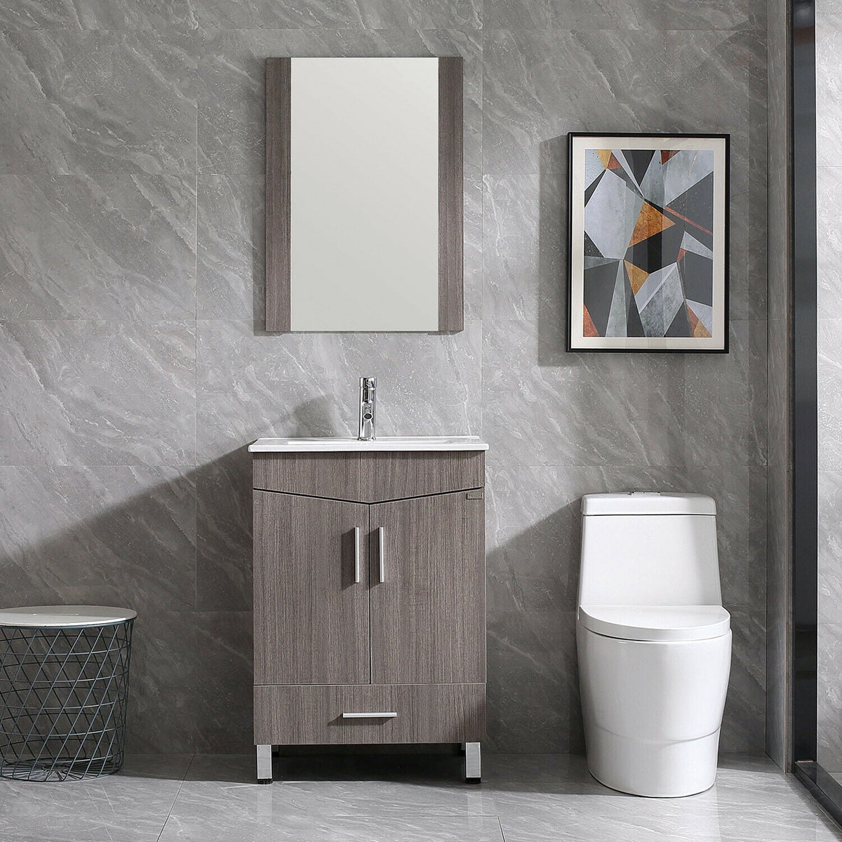 36" Light Brown Wood Bathroom Vanity with Ceramic Sink and Drawers P3750