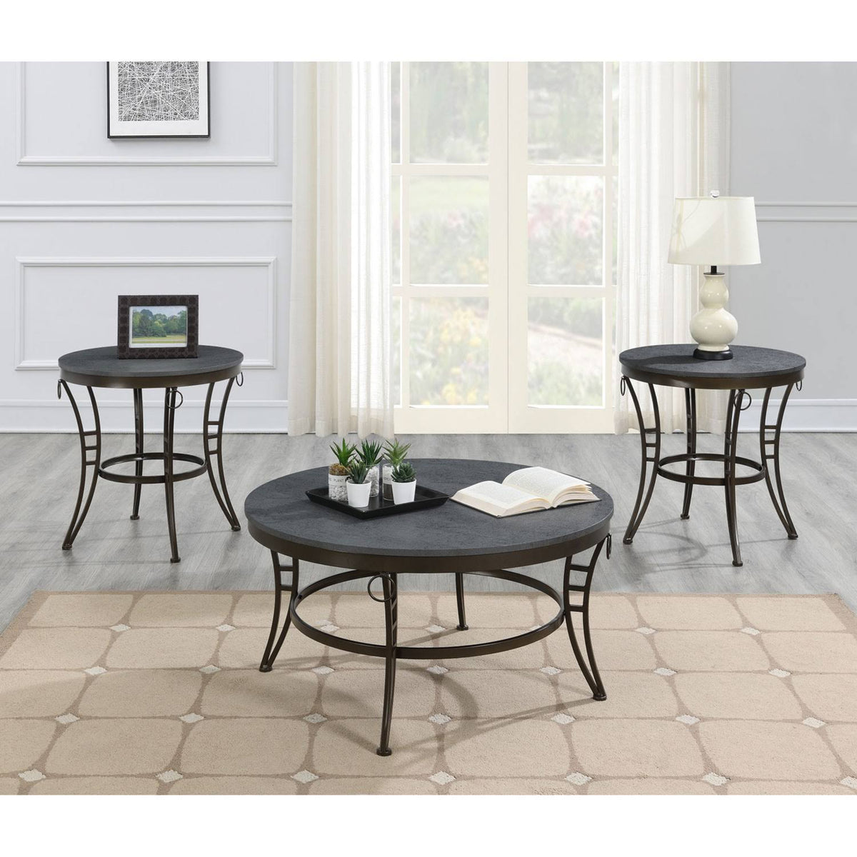 Cathedral Gray And Black Round Coffee Table With Metal Legs K679