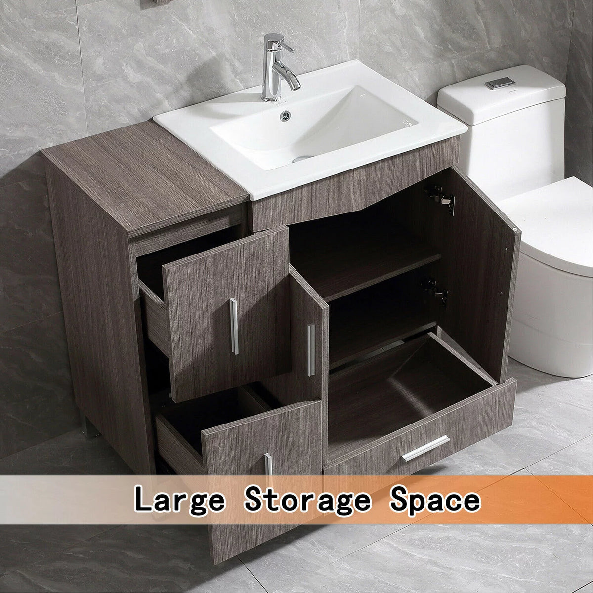36" Light Brown Wood Bathroom Vanity with Ceramic Sink and Drawers P3750