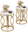 Round End Table Set of 2 White Gold Faux Marble Tabletop D516