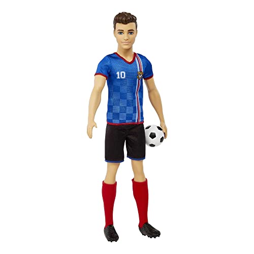 Ken Fashion Doll with Short Cropped Hair, Uniform, Tall Socks, Cleats & Ball F8363