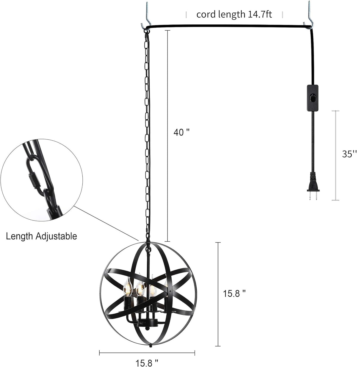 4-Light Black Pendant Lighting with Spherical Shade D646366