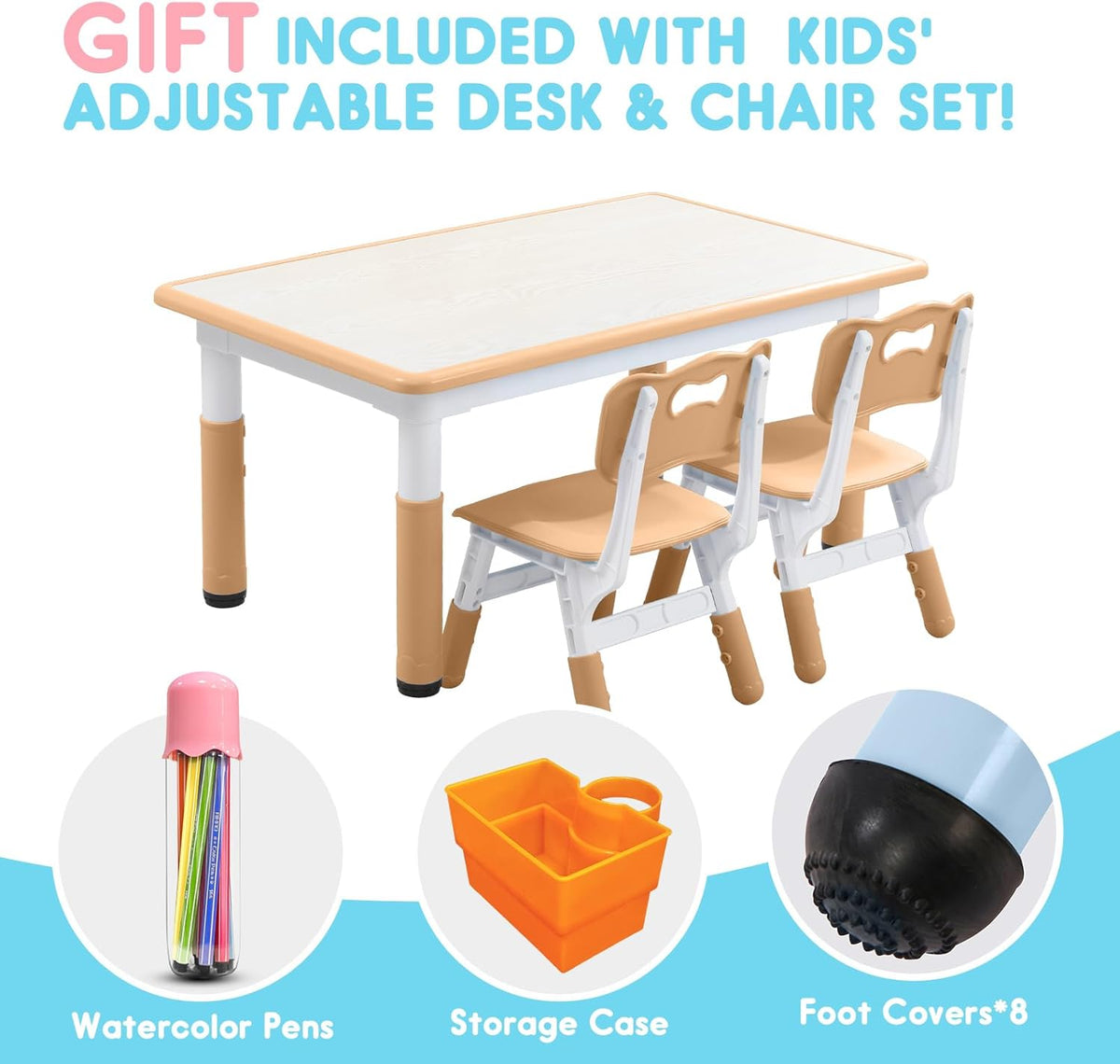 Kids table and chair set with 8 leg covers and 12 color pens Q898467