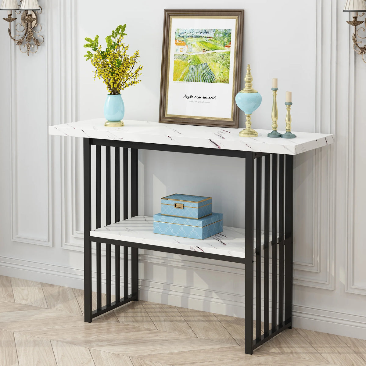 Black 42-Inch Narrow Console Table with Faux Marble Top and Metal Legs P59380