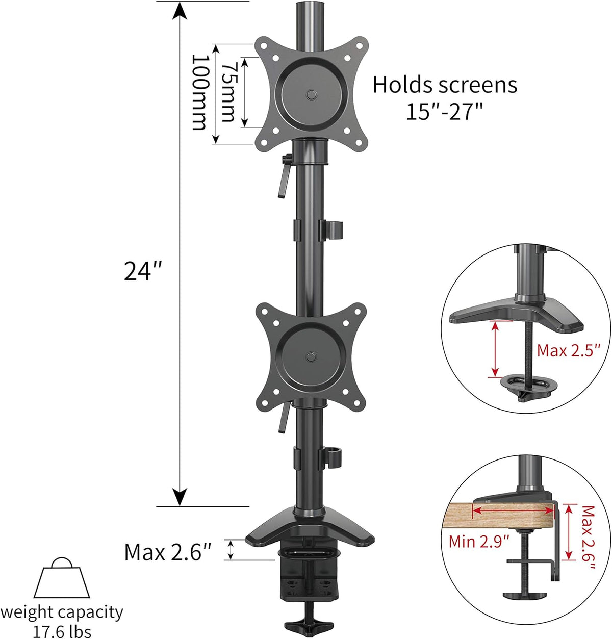 Vertical Dual Monitor Mount, 15-27 Height Adjustable, VESA Mount S73174