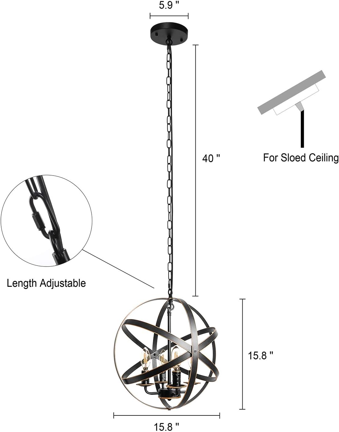 4-Light Black Pendant Lighting with Spherical Shade D646366
