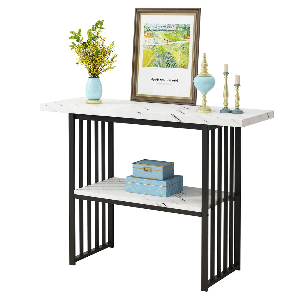 Black 42-Inch Narrow Console Table with Faux Marble Top and Metal Legs P59380