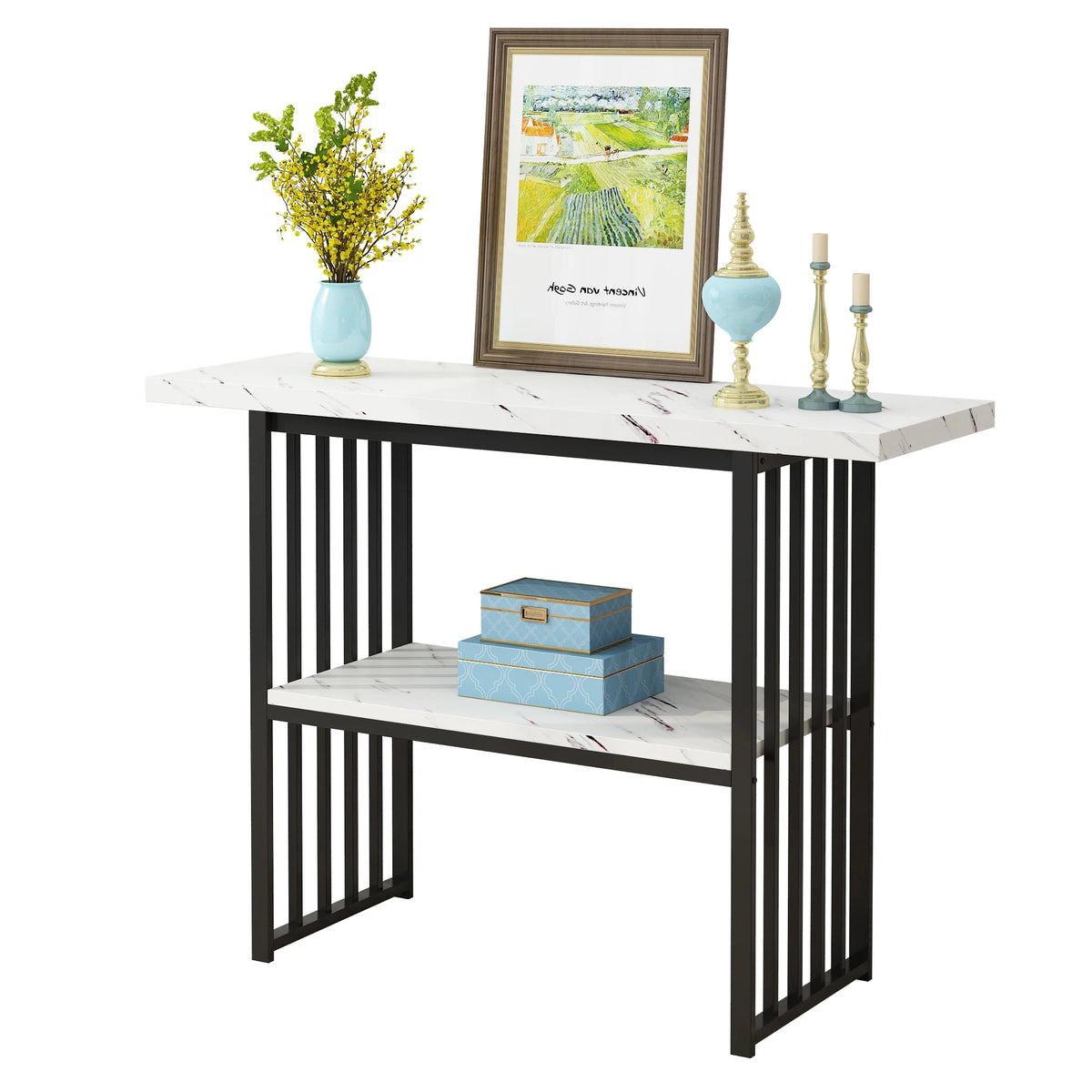Black 42-Inch Narrow Console Table with Faux Marble Top and Metal Legs P59380