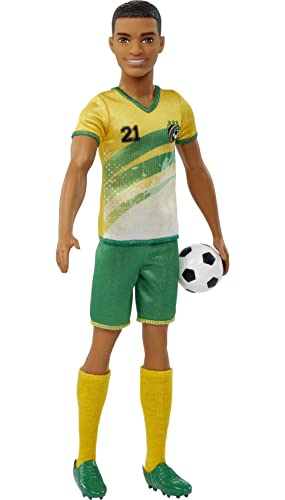 Ken Fashion Doll with Short Cropped Hair, Uniform, Tall Socks, Cleats & Ball F8363