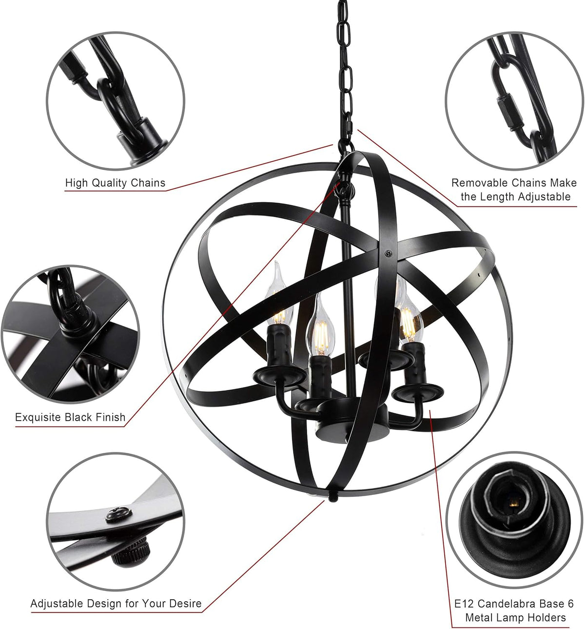 4-Light Black Pendant Lighting with Spherical Shade D646366
