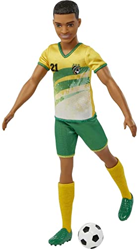 Ken Fashion Doll with Short Cropped Hair, Uniform, Tall Socks, Cleats & Ball F8363