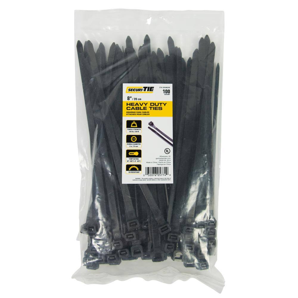8 in. Heavy Duty Cable Tie, 120 lb. Tensile, UV Black, 100-Pack Q58199