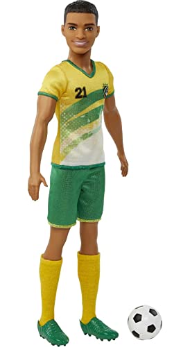 Ken Fashion Doll with Short Cropped Hair, Uniform, Tall Socks, Cleats & Ball F8363