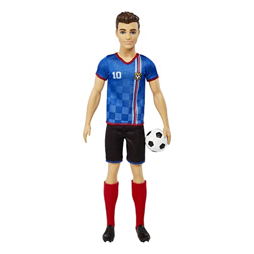 Ken Fashion Doll with Short Cropped Hair, Uniform, Tall Socks, Cleats & Ball F8363