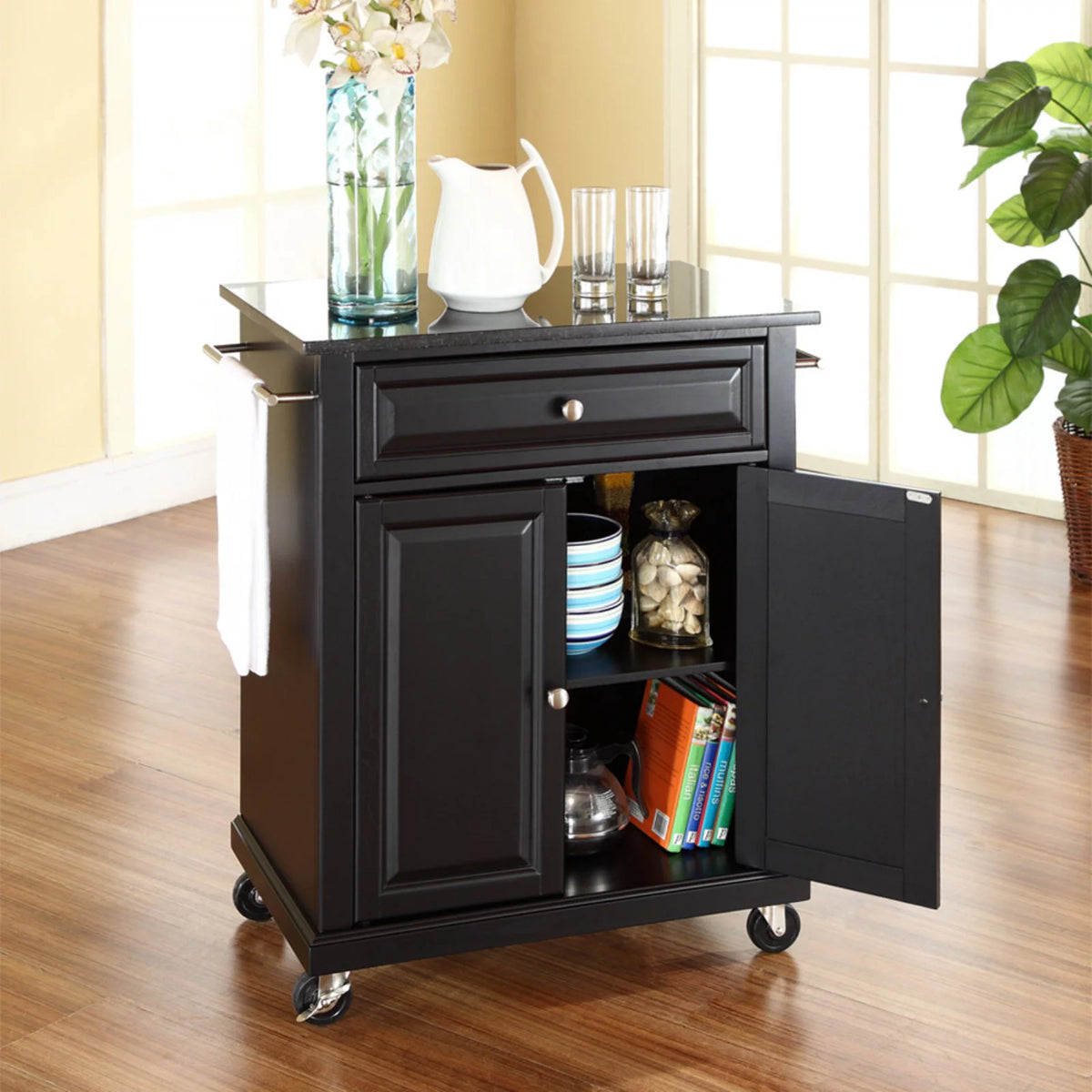 Solid Granite Wood Portable Kitchen Cart in Black H7595