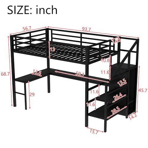 Black Full Loft Bed with L-shaped Desk, USB, Wardrobe & Stairs F20984