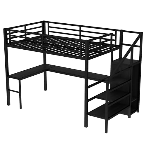 Black Full Loft Bed with L-shaped Desk, USB, Wardrobe & Stairs F20984