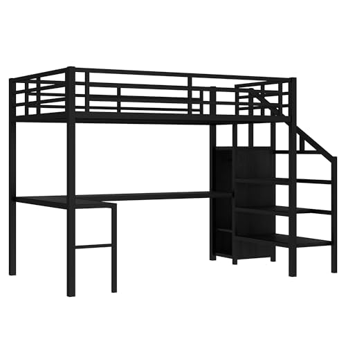 Black Full Loft Bed with L-shaped Desk, USB, Wardrobe & Stairs F20984