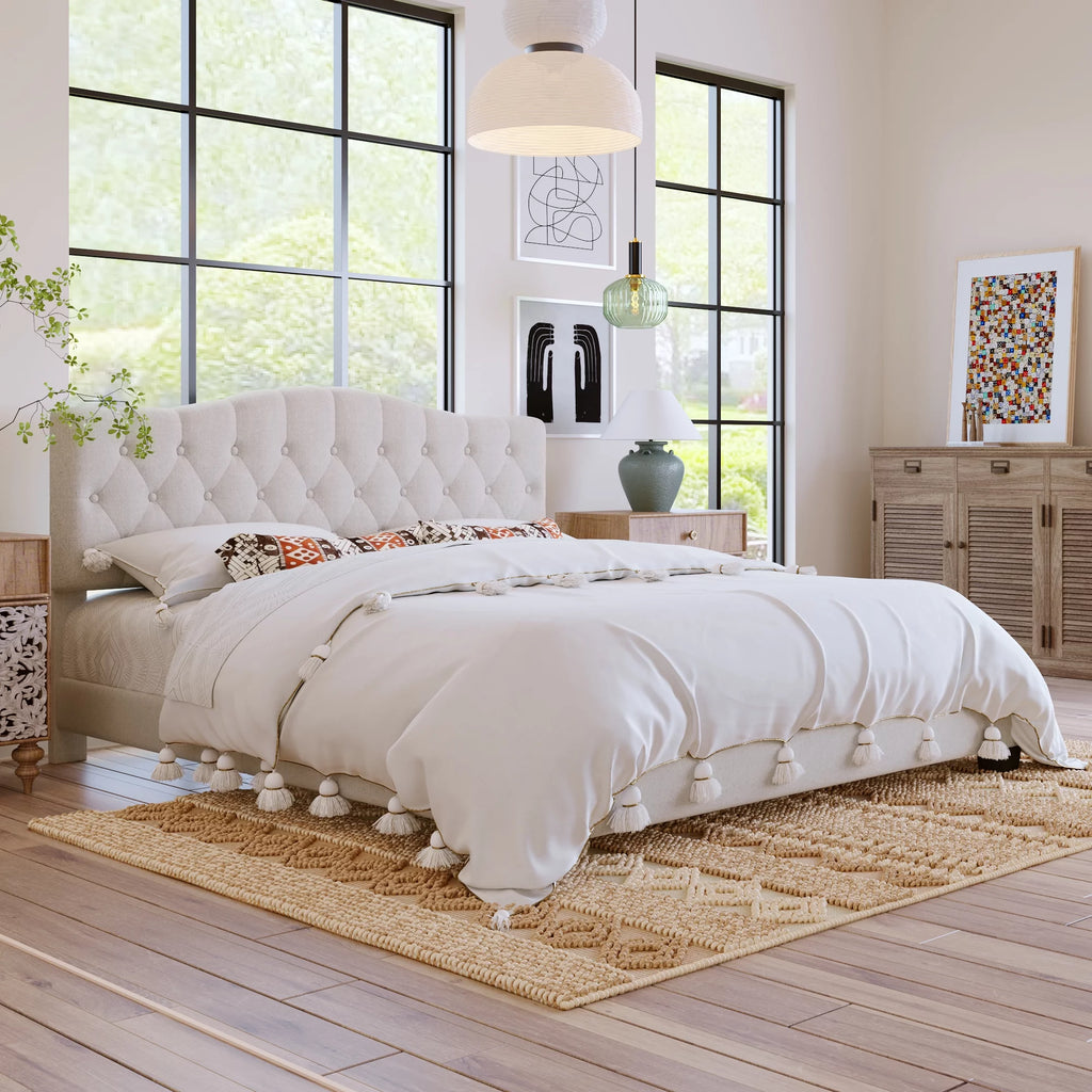 Beige Fabric Upholstered King Platform Bed with Headboard S66168