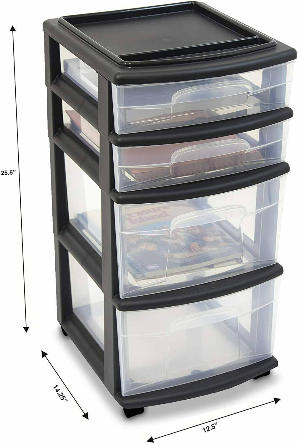 4 Storage Cart Set Black Frame Clear Drawers E2377