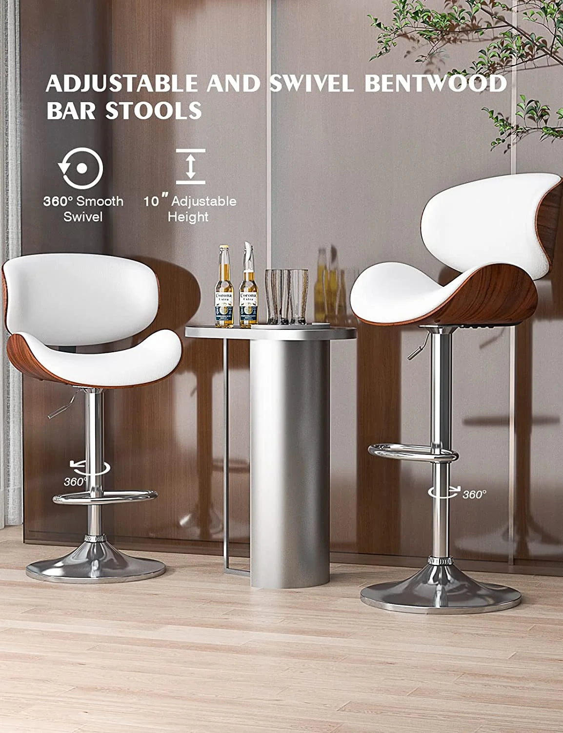Bentwood Adjustable Height Swivel PU Leather Bar Stools Set of 2 E222