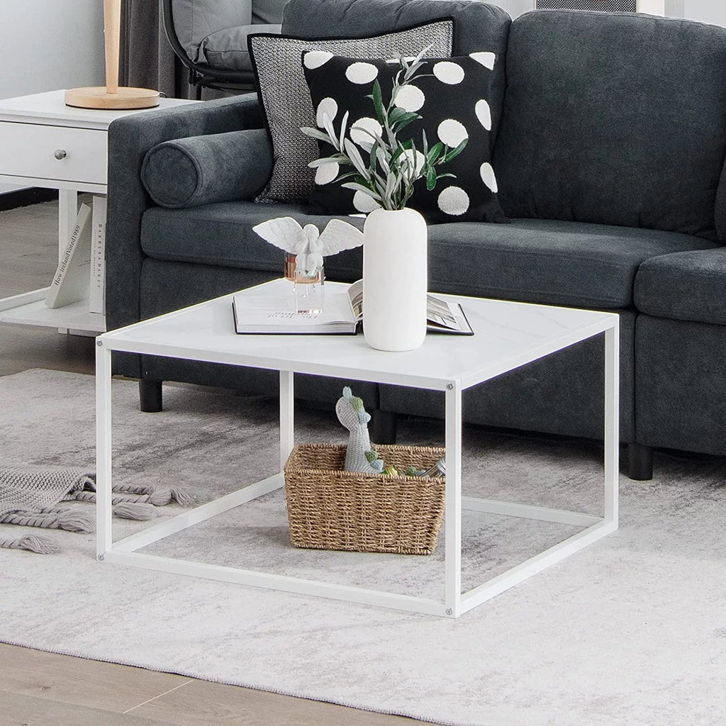 White Square Coffee Table with Faux Marble Tabletop J730714