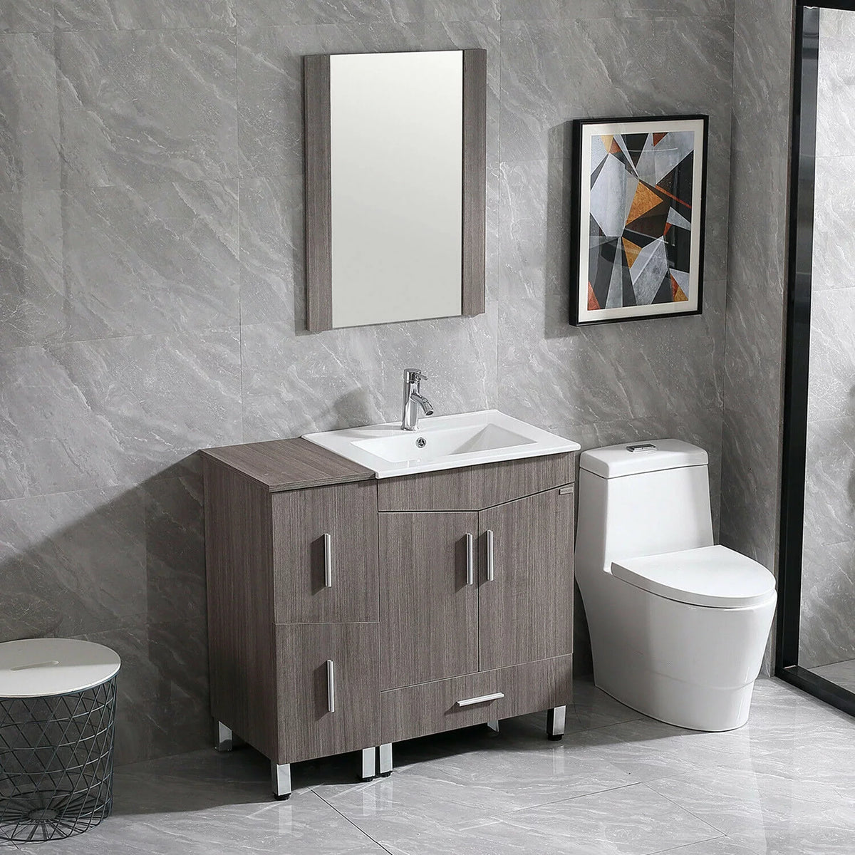 36" Light Brown Wood Bathroom Vanity with Ceramic Sink and Drawers P3750