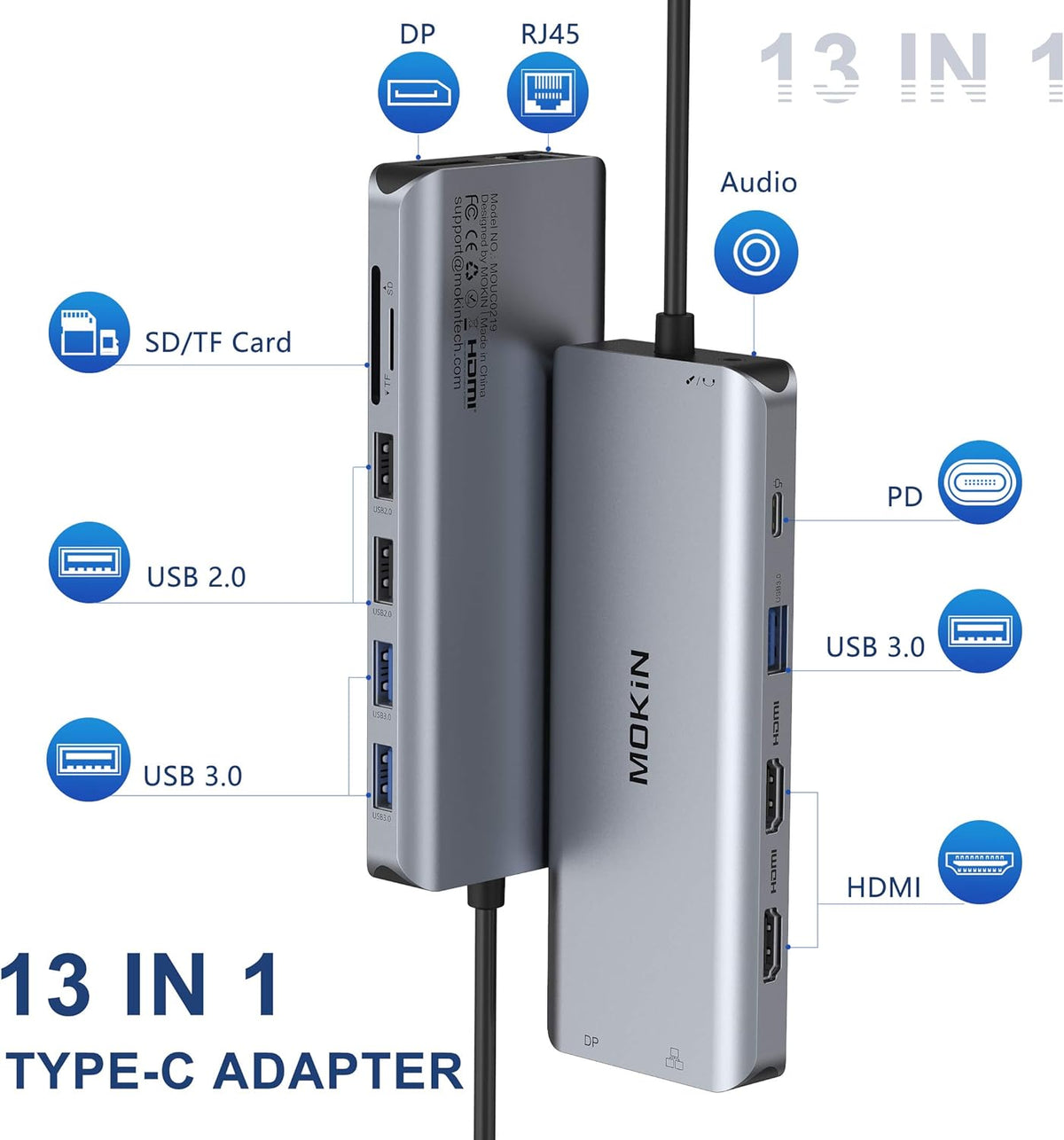 USB C Hub 13 in 1 Triple Display Adapter with Dual HDMI 4K, PD Charger, Gigabit Ethernet, 5 USB Ports, SD/TF Card Reader U559475