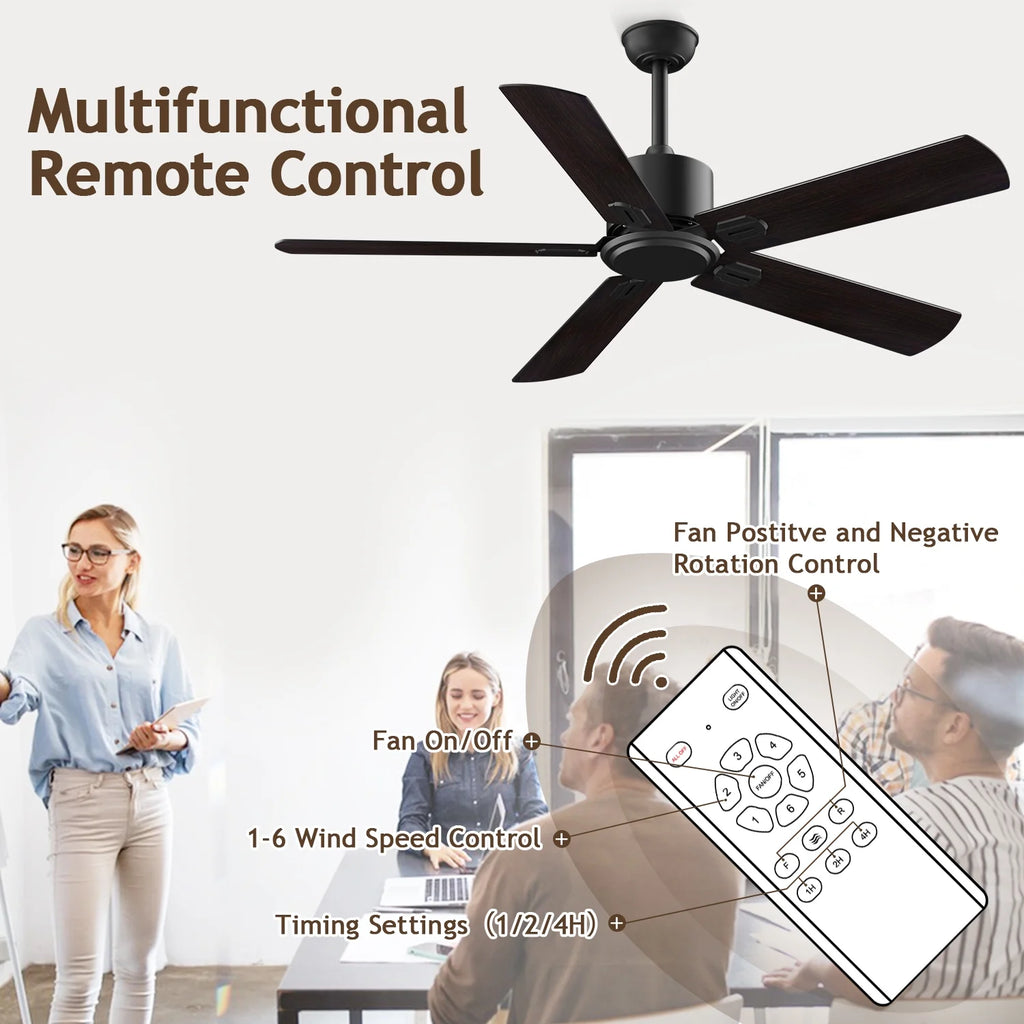 52" Ceiling Fan with Remote Control No Light, 6 Speeds Reversible DC Motor 5 Blades Black/Walnut B4284