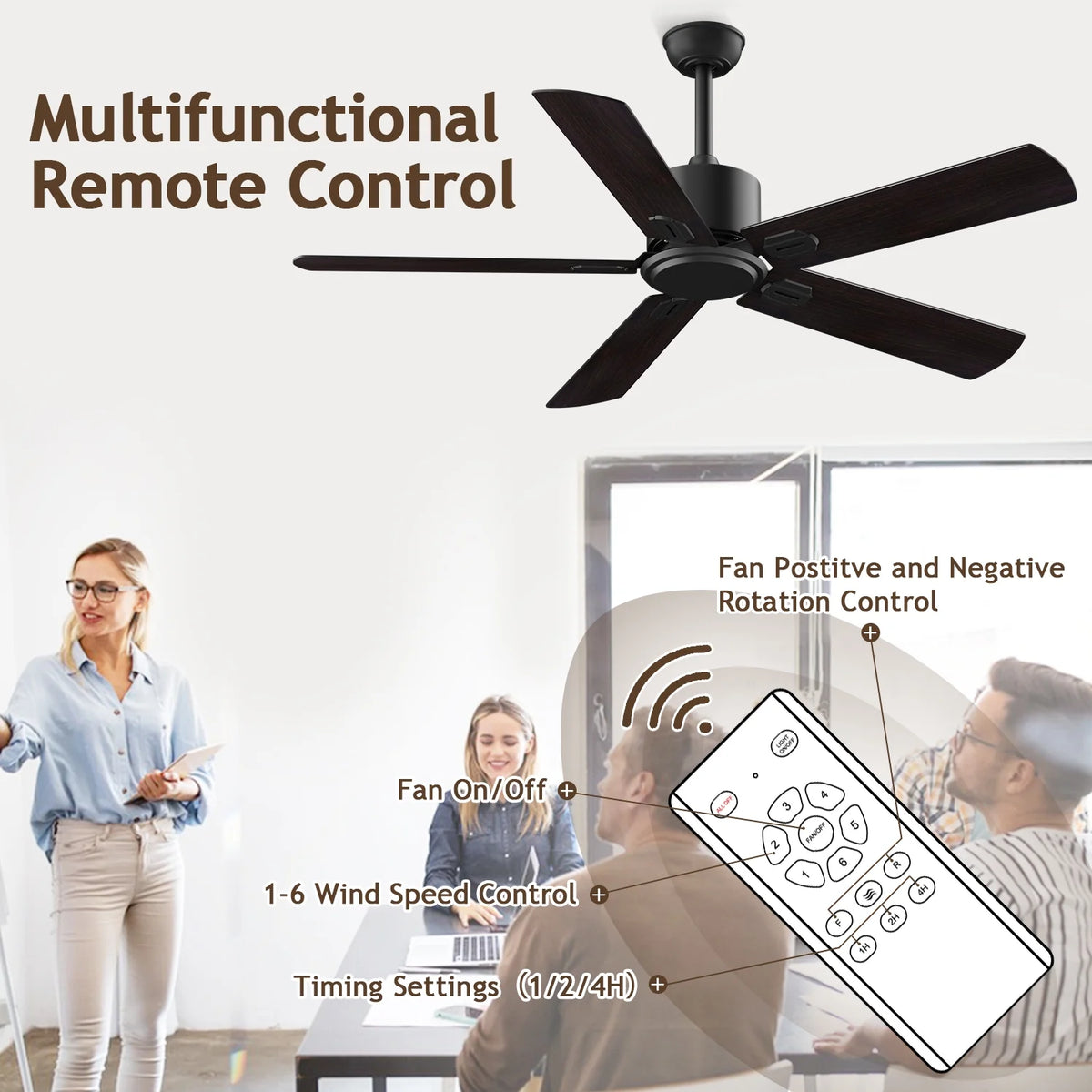 52" Ceiling Fan with Remote Control No Light, 6 Speeds Reversible DC Motor 5 Blades Black/Walnut B4284