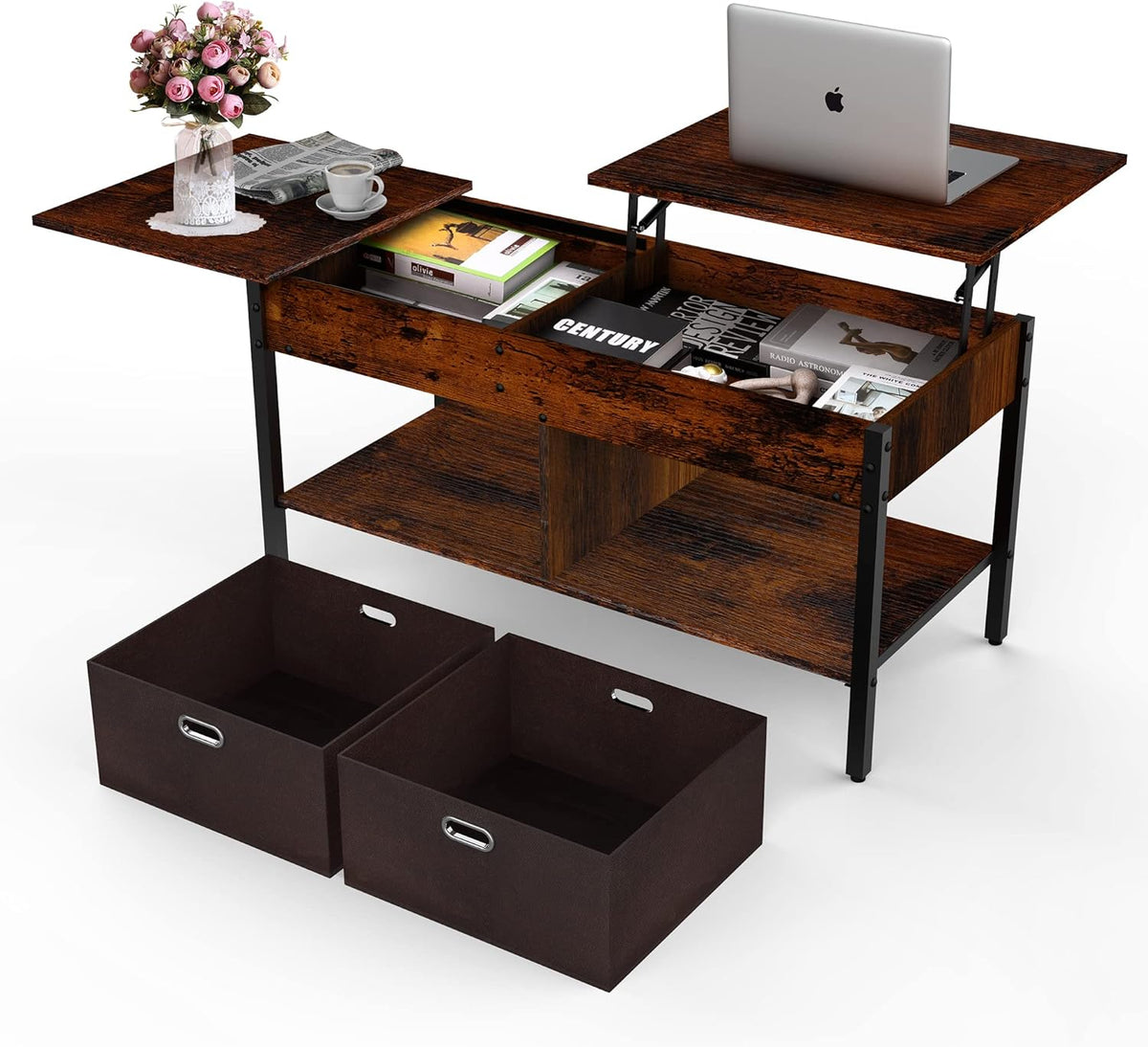Lift Top Coffee Table with Storage Shelf & 2 Canvas Baskets Set, Rustic Wood Side Drawer, Vintage Metal Coffee Table H401868
