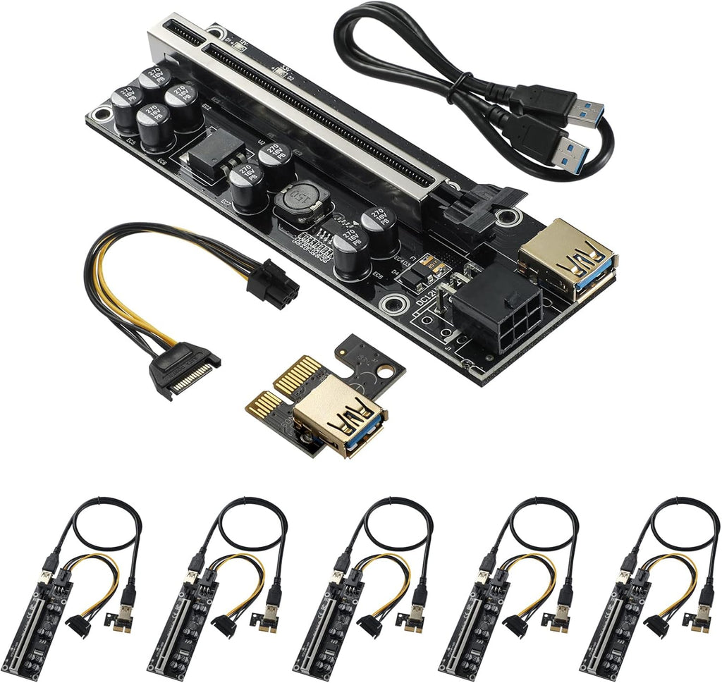 PCI-E 1X to 16X GPU Riser Card Adapter with 6PIN SATA Power Cable, Black 6 Pack R955