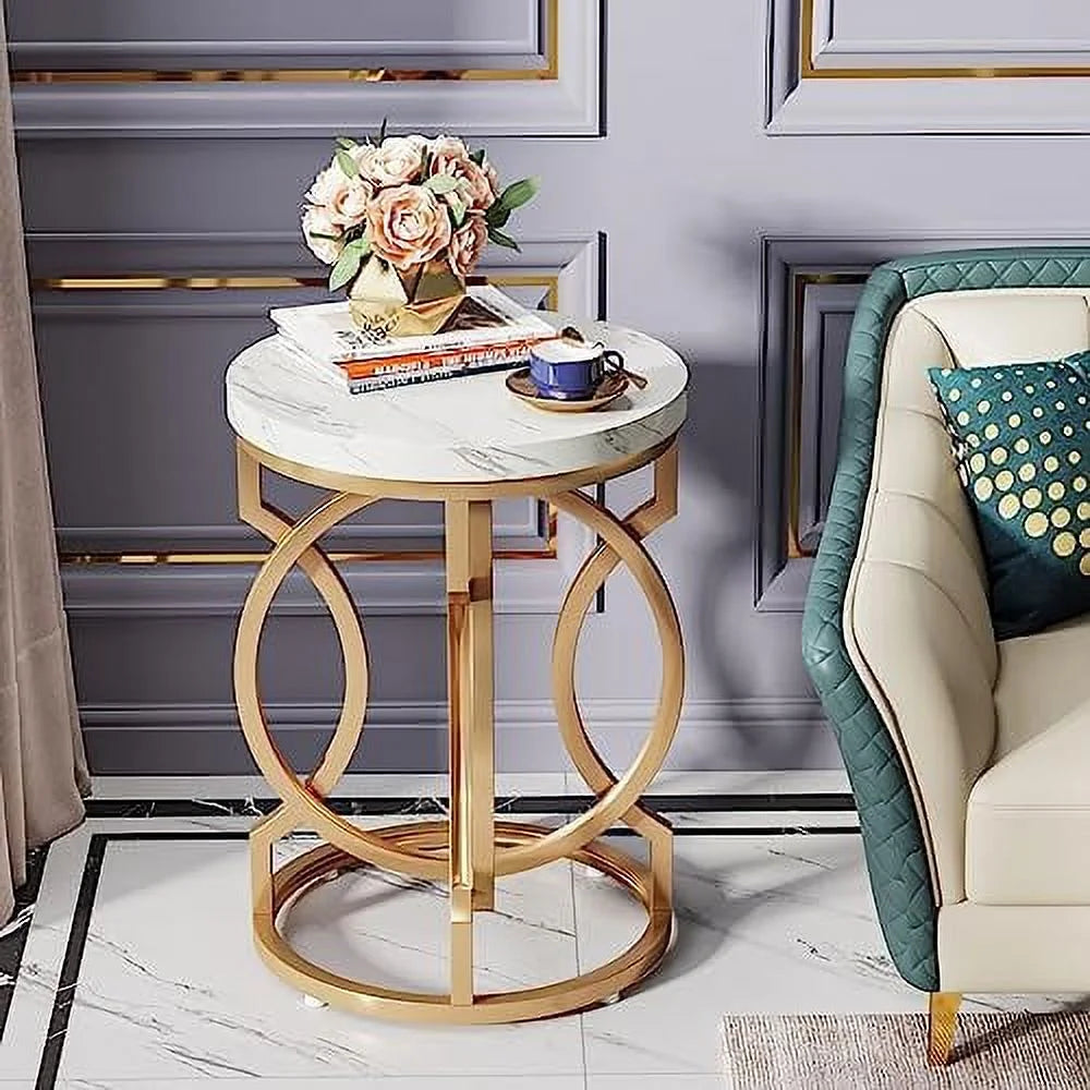 Round End Table Set of 2 White Gold Faux Marble Tabletop D516