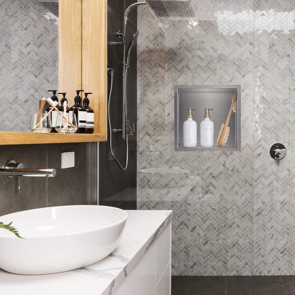12×12 Brushed Stainless Steel Recessed Shower Caddy G447