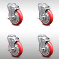 5 inch Red Polyurethane Swivel Bolt Hole Caster Set with Brake V77794