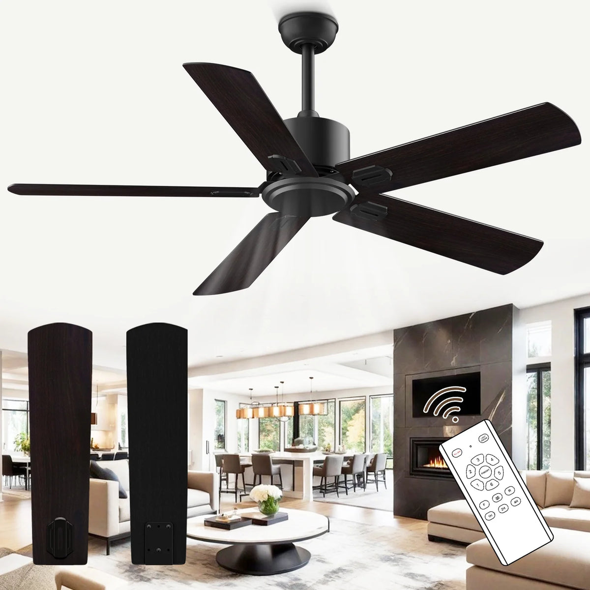 52" Ceiling Fan with Remote Control No Light, 6 Speeds Reversible DC Motor 5 Blades Black/Walnut B4284