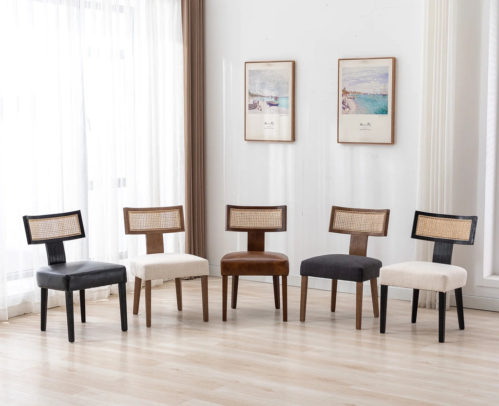 Beige Rattan Backrest Linen Upholstered Solid Wood Dining Chairs Set of 2 F5154