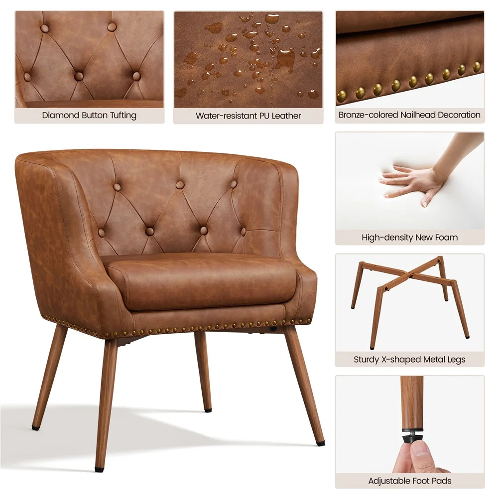 Brown Faux Leather Barrel Accent Chair with Metal Legs Y351
