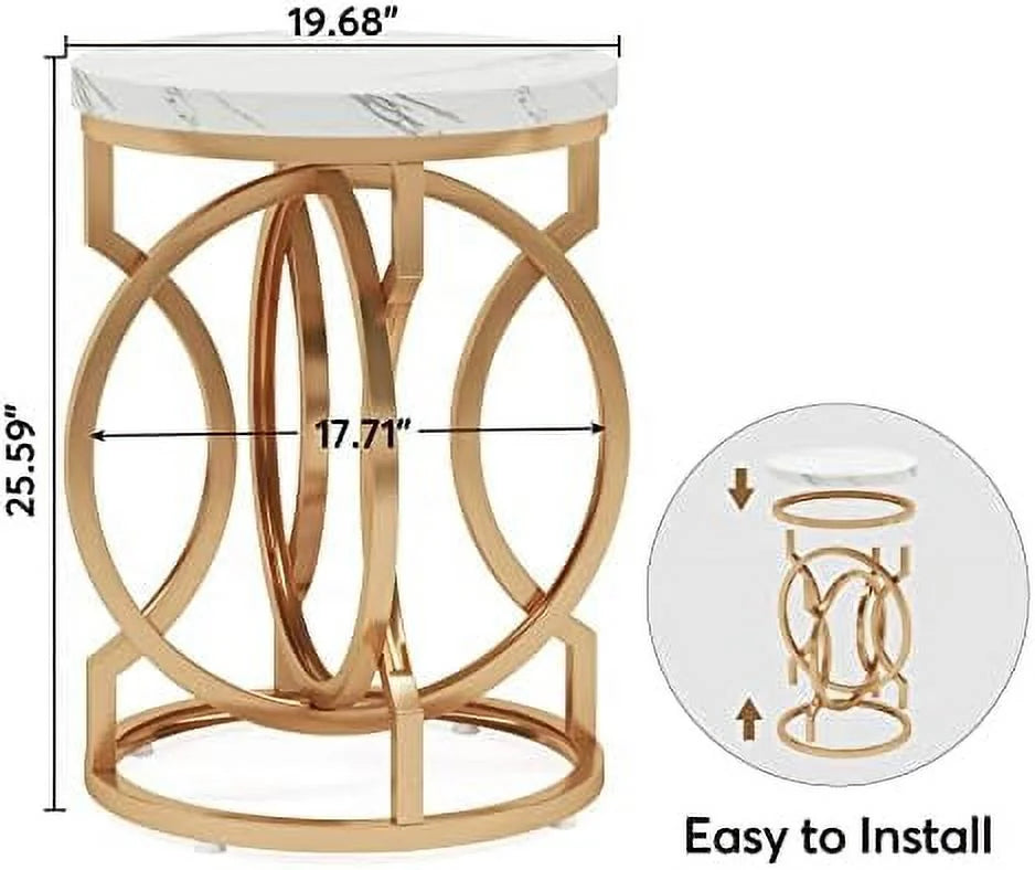 Round End Table Set of 2 White Gold Faux Marble Tabletop D516
