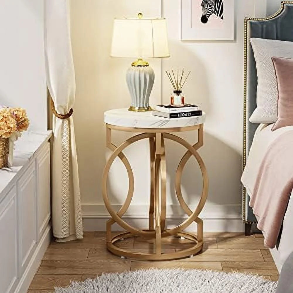 Round End Table Set of 2 White Gold Faux Marble Tabletop D516
