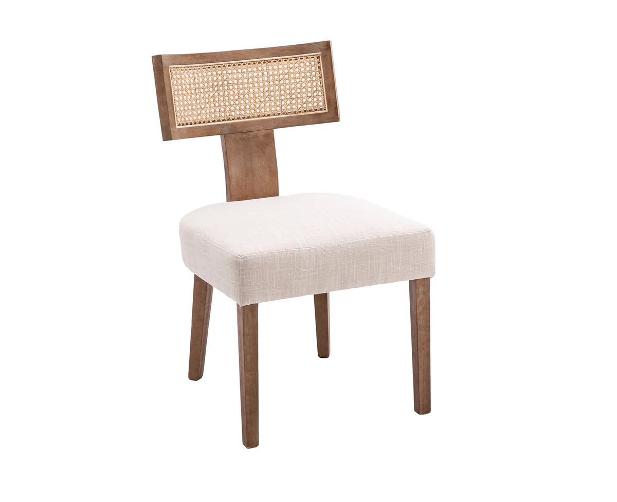 Beige Rattan Backrest Linen Upholstered Solid Wood Dining Chairs Set of 2 F5154