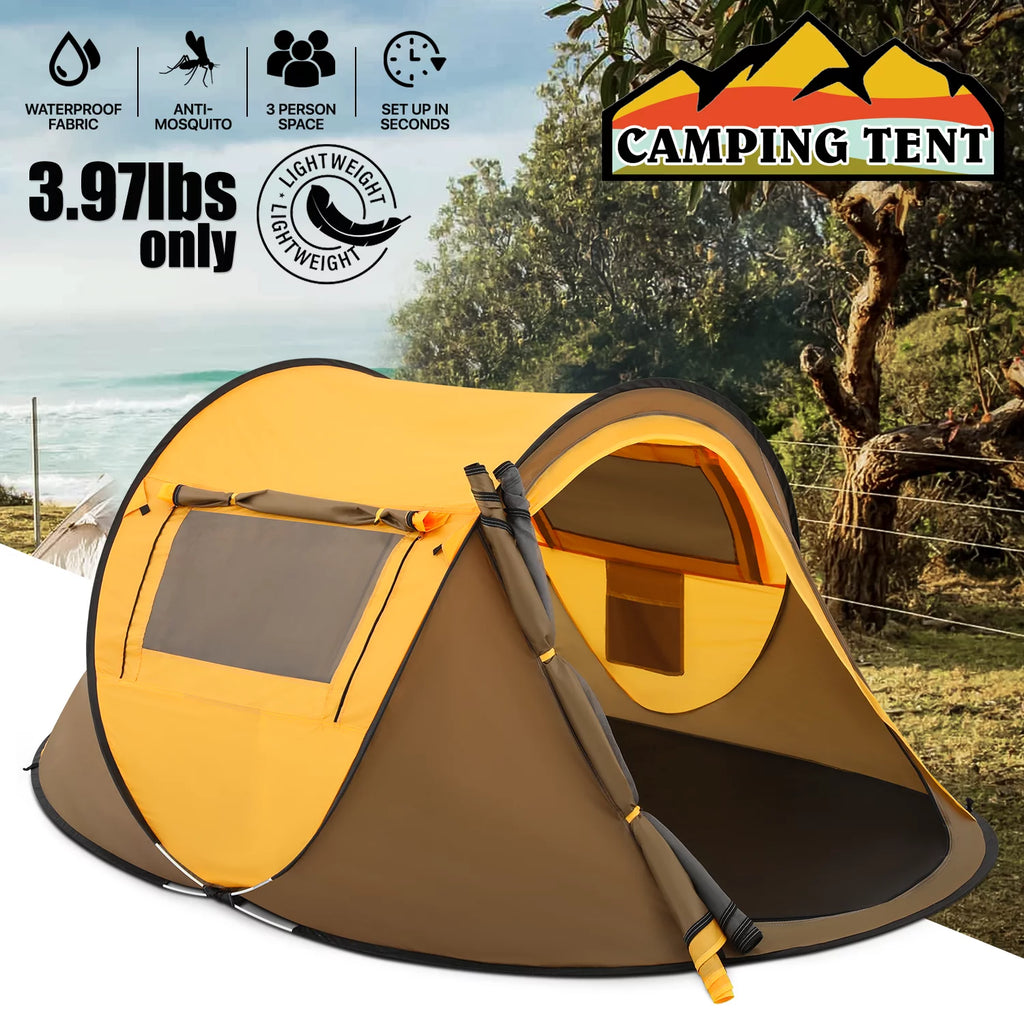 Yellow 3 Person Pop Up Tent with Carry Bag D234