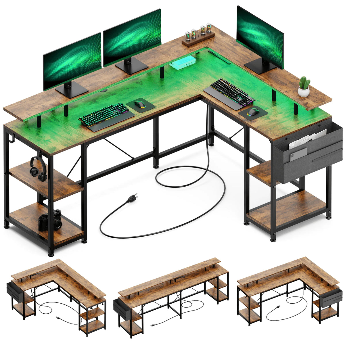 95” L-Shaped Computer Desk with LED Light and Power Outlet, Black H332278