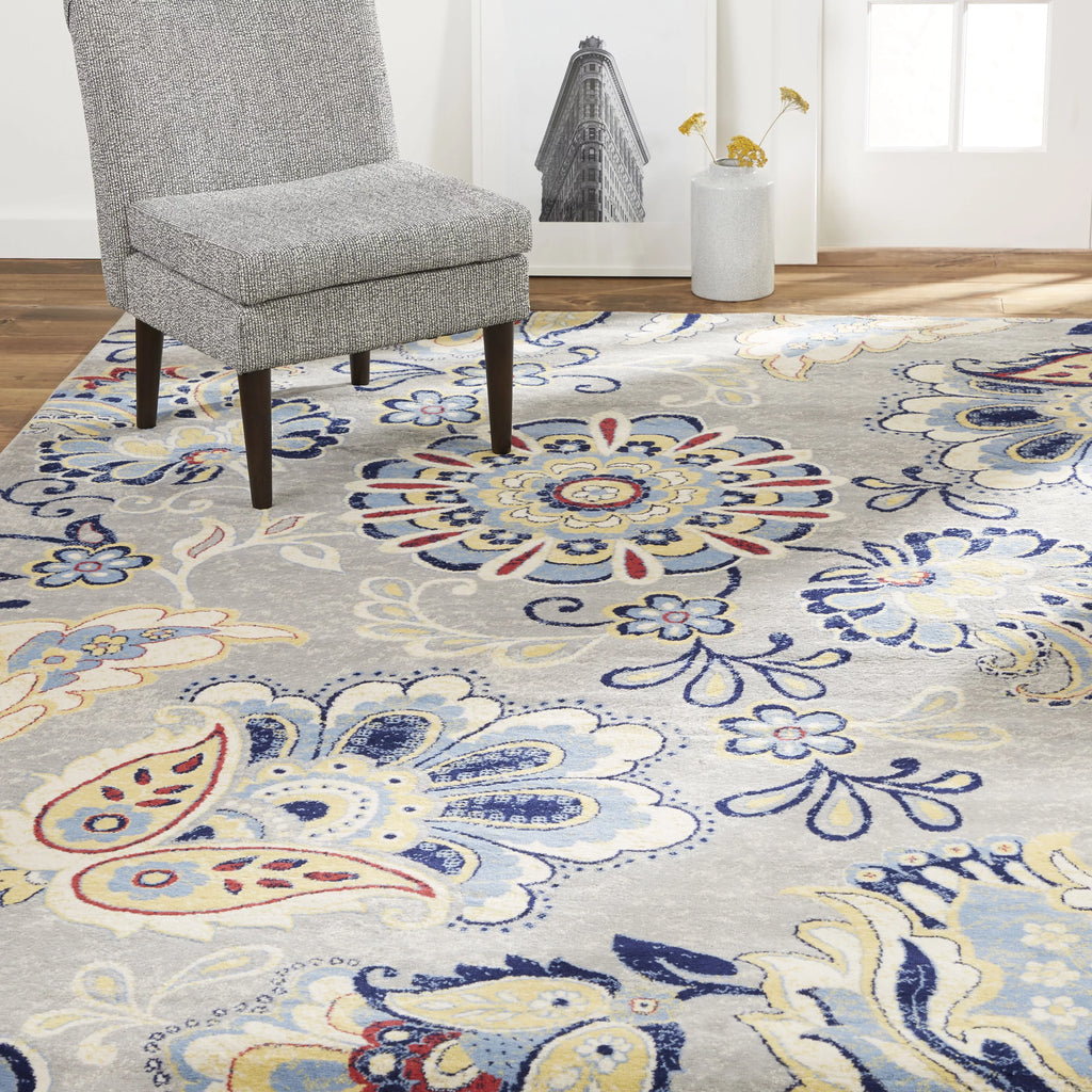 Grey/Red Bohemian Floral Area Rug 5'3"x7'2" R504