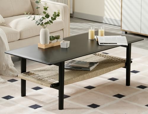 Farmhouse 2-Tier Coffee Table with Rattan Storage Shelf Z876