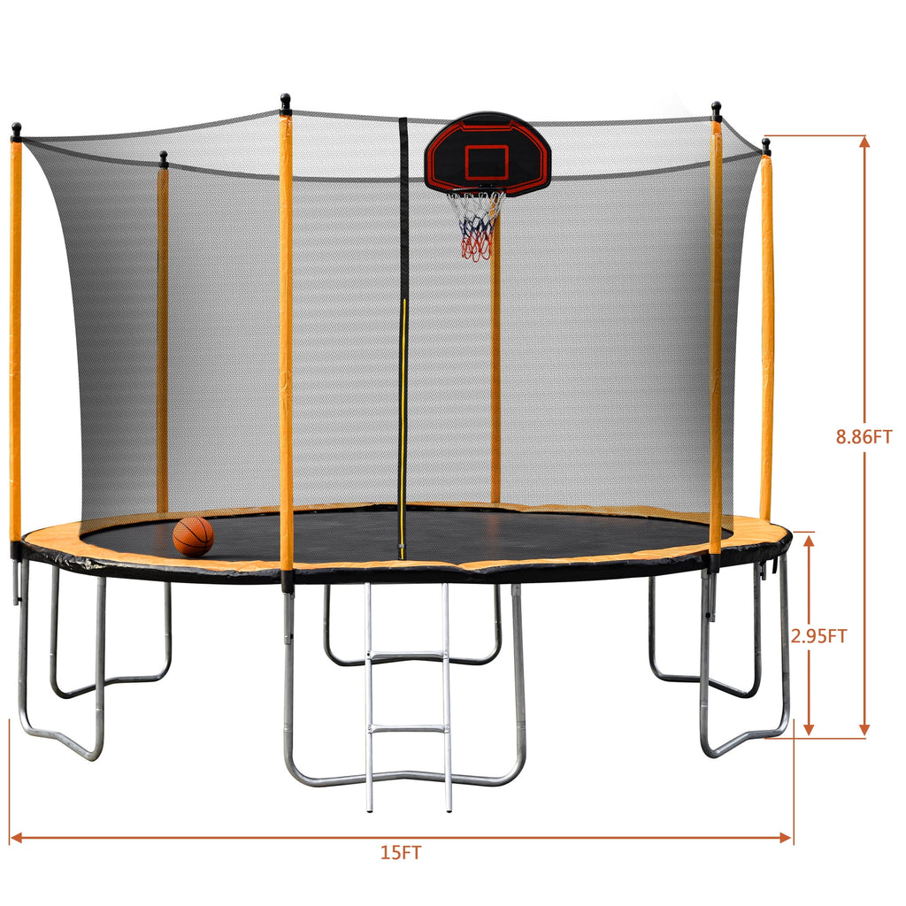 Orange 15FT Trampoline with Basketball Hoop and Ladder P287
