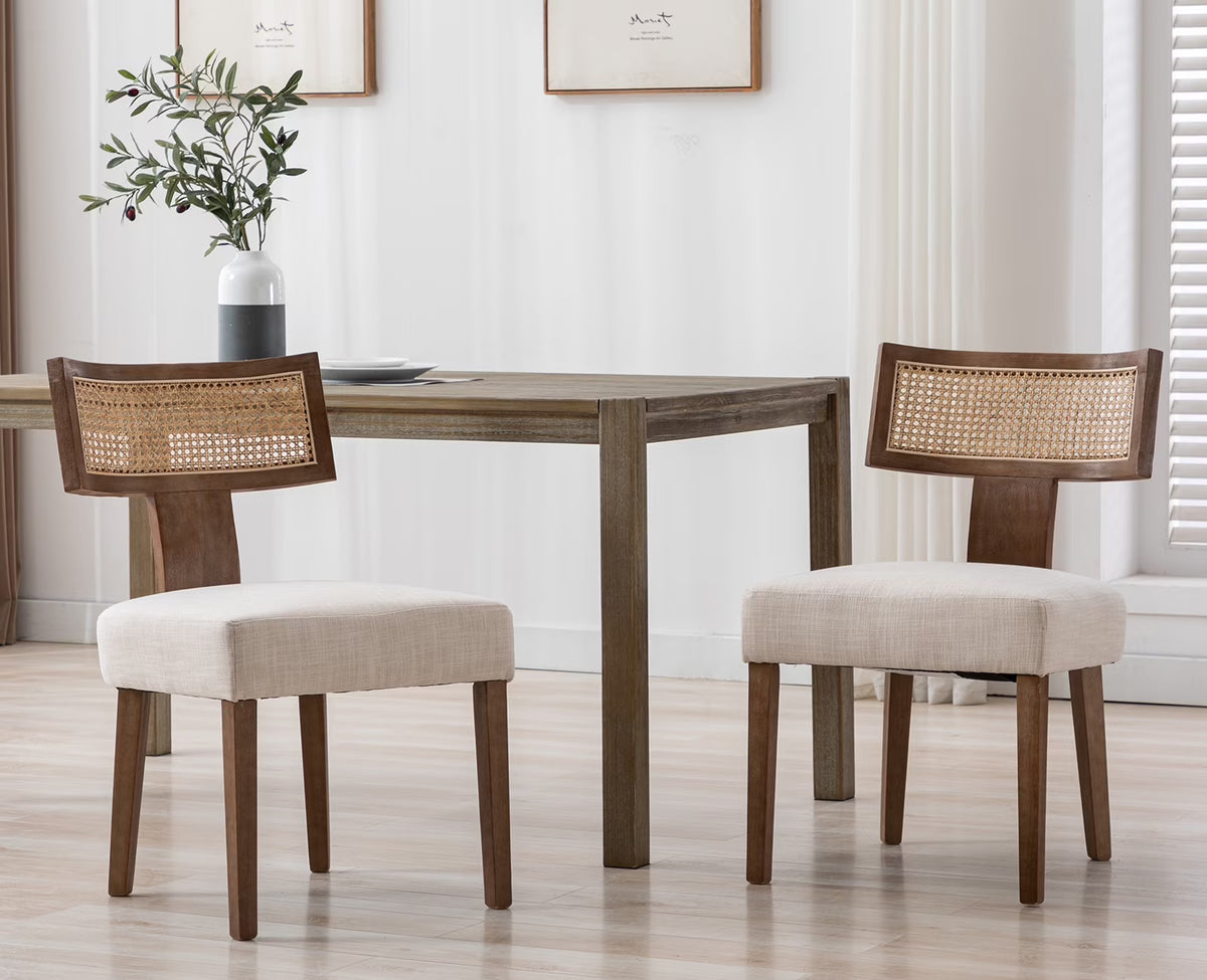 Beige Rattan Backrest Linen Upholstered Solid Wood Dining Chairs Set of 2 F5154