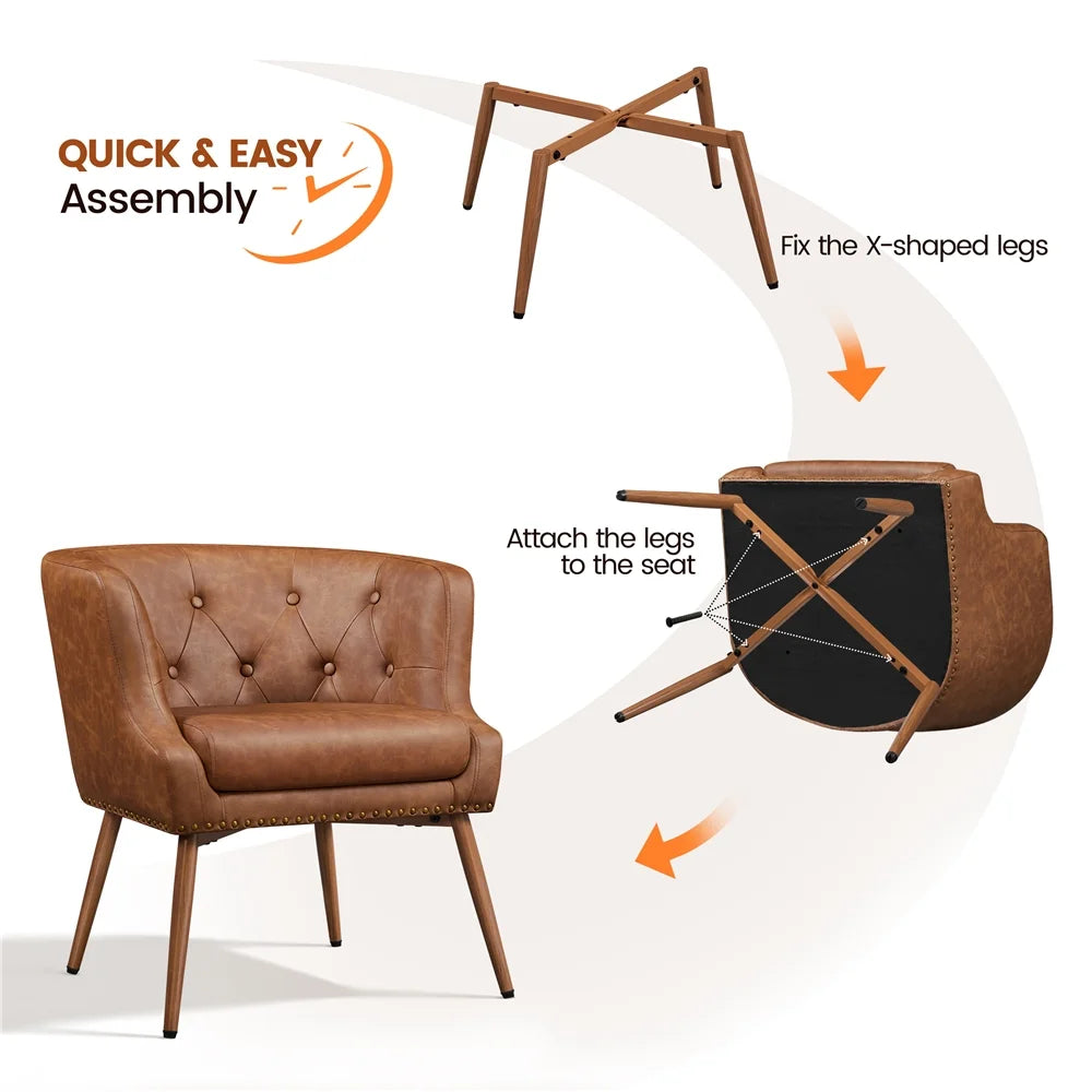Brown Faux Leather Barrel Accent Chair with Metal Legs Y351