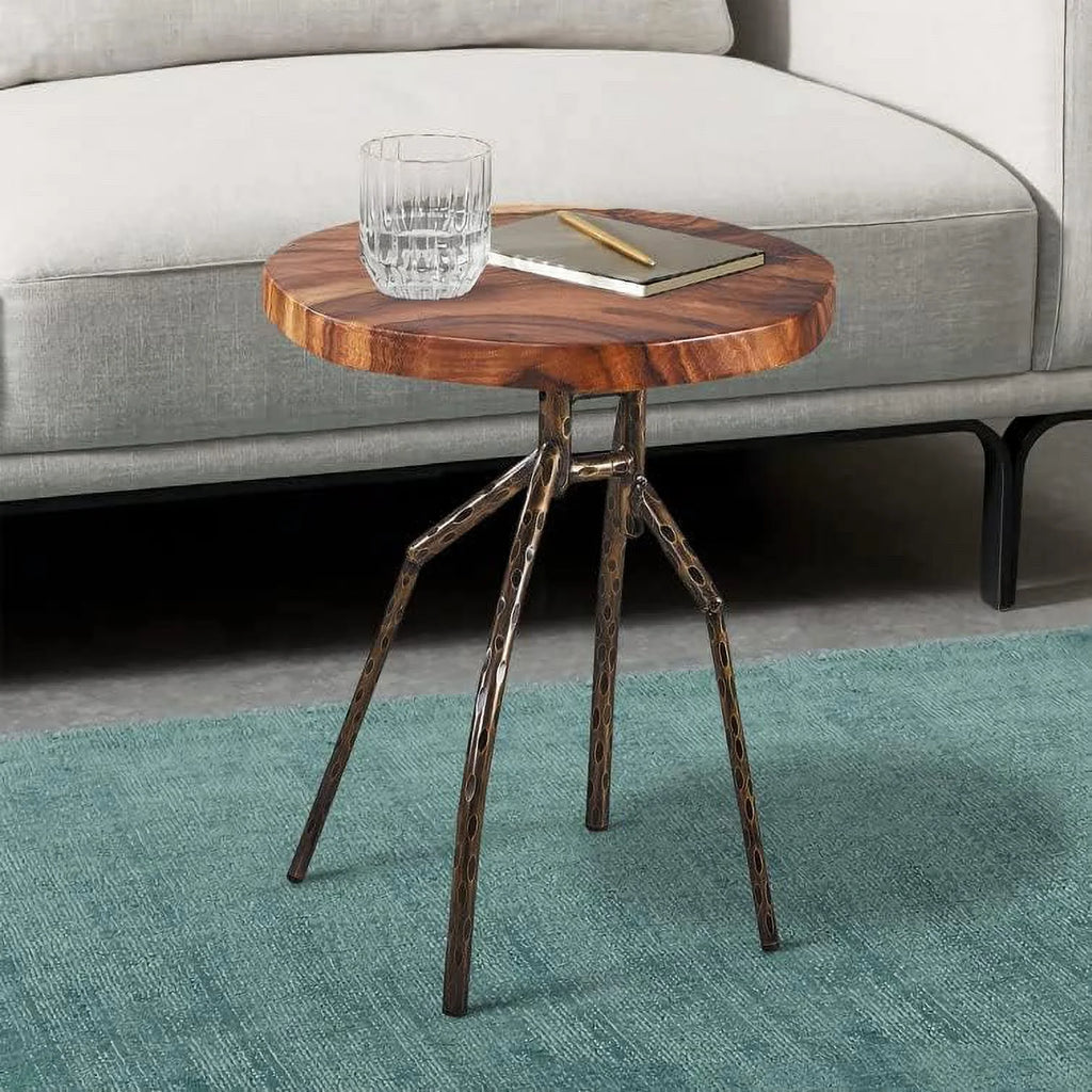 Solid Wood Round End Table with Metal Leg T237